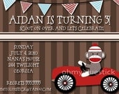 Original Sock Monkey Driving Pedal Car Digital Invitation by Oh My Gluestick