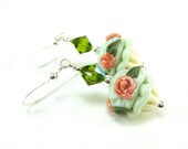 Cupcake Earrings, Mint Green Ivory Peach Cupcake Lampwork Glass Earrings, Mint Green Dangle Earrings, Food Earrings - Mint Buttercream