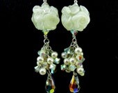 White Rose Long Dangle Earrings, Beadwork Earrings, Cluster Earrings, Rose Floral Lampwork Earrings, Glass Earrings -  Winter Wedding