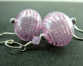 Light Pink Hollow Glass Bead Earrings, Pink Stripe Lampwork Earrings, Pink Blown Glass Earrings, Beadwork Earrings - Spun Sugar