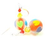 Colorful Heart Earrings, Orange Lampwork Glass Bead Earrings, Bright Color Beadwork Earring, Summer Dangle Earrings - Summer Hearts