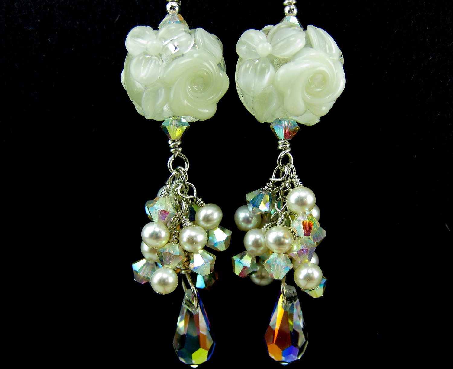 White Rose Long Dangle Earrings, Beadwork Earrings, Cluster Earrings, Rose Floral Lampwork Earrings, Glass Earrings -  Winter Wedding