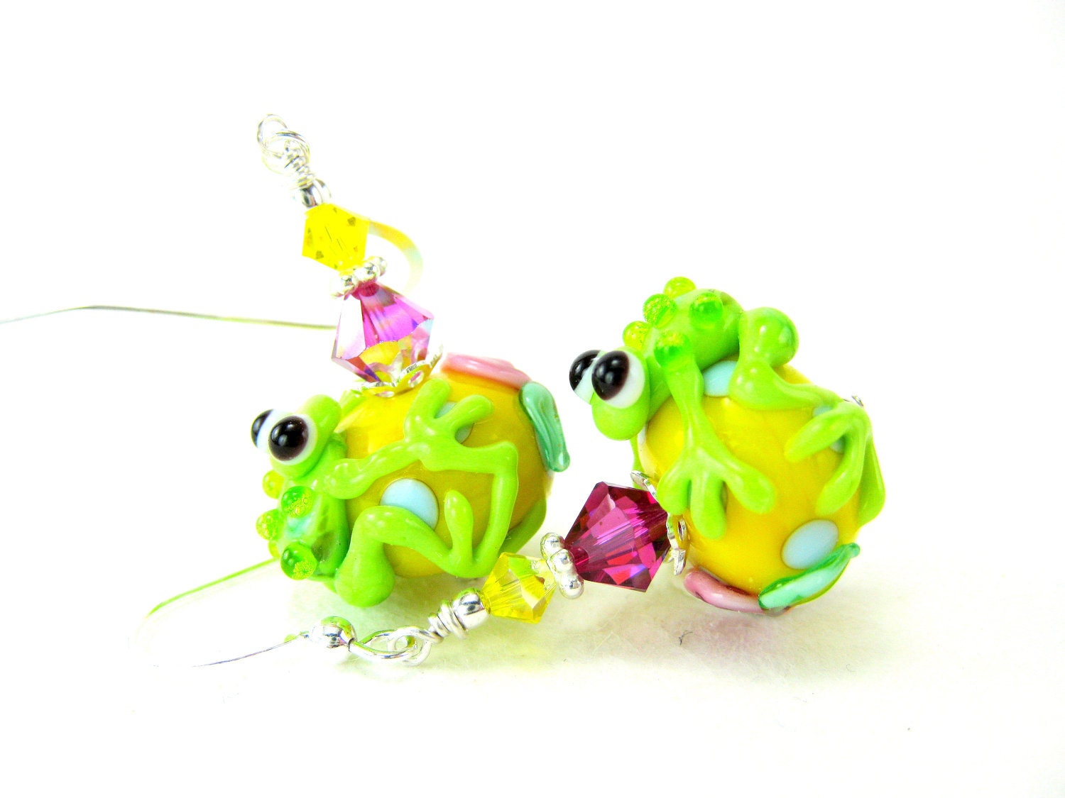 Frog Earrings, Lime Green Frog Lampwork Earrings, Green Yellow Pink Glass Earrings, Neon Earrings, Animal Earrings - Leap Frog