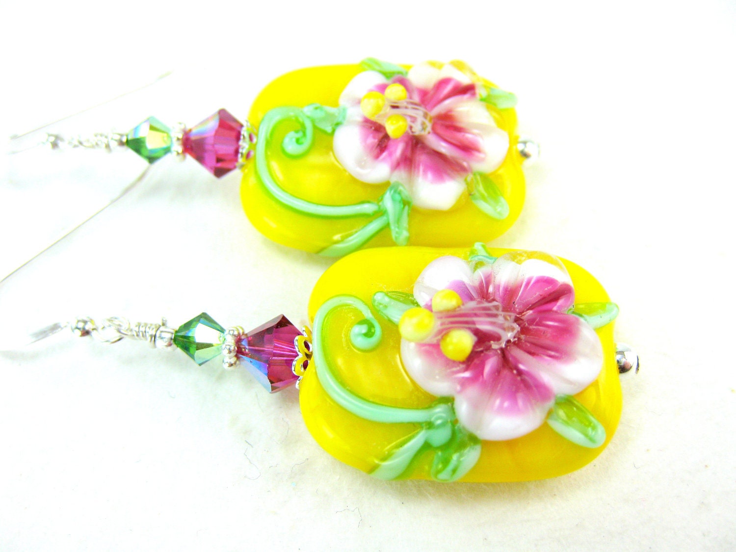 Hibiscus Earrings, Yellow Pink Floral Lampwork Earrings, Beadwork Earrings, Flower Earrings, Glass Earrings, Tropical Earrings - Hibiscus