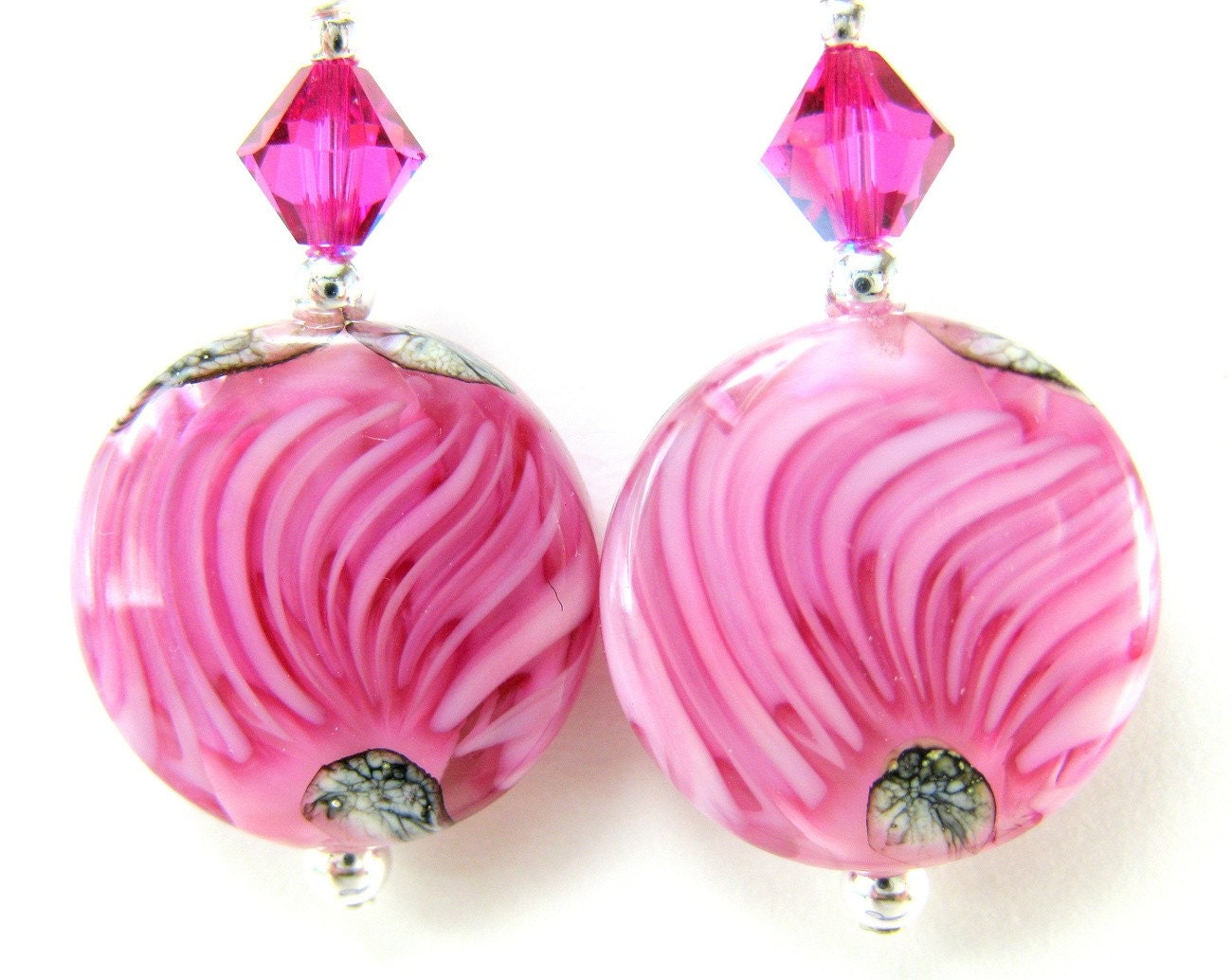 Pink Glass Bead Earrings, Hot Pink Fuchsia Lampwork Earrings, Hot Pink Earrings, Pink Glass Earrings - Strawberry Mousse