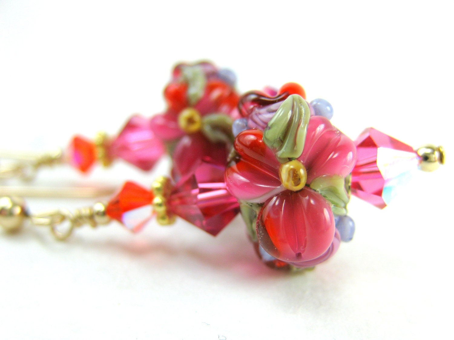 Hot Pink Flower Glass Earrings, Orange Pink Floral Lampwork Earrings, Orange Pink Earrings, Gold Filled Earrings - Orange Raspberry Delight