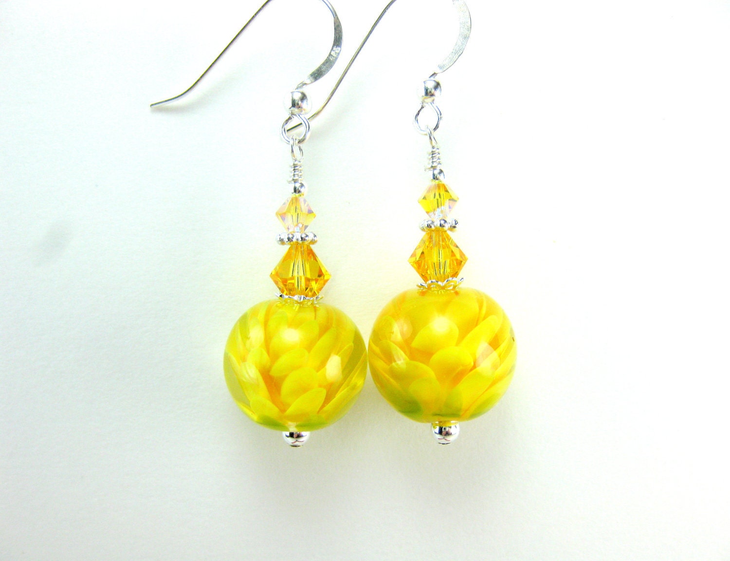 Yellow Glass Flower Earrings, Lemon Yellow Encased Lampwork Bead Earrings Crystal Sterling Silver - Sunflowers