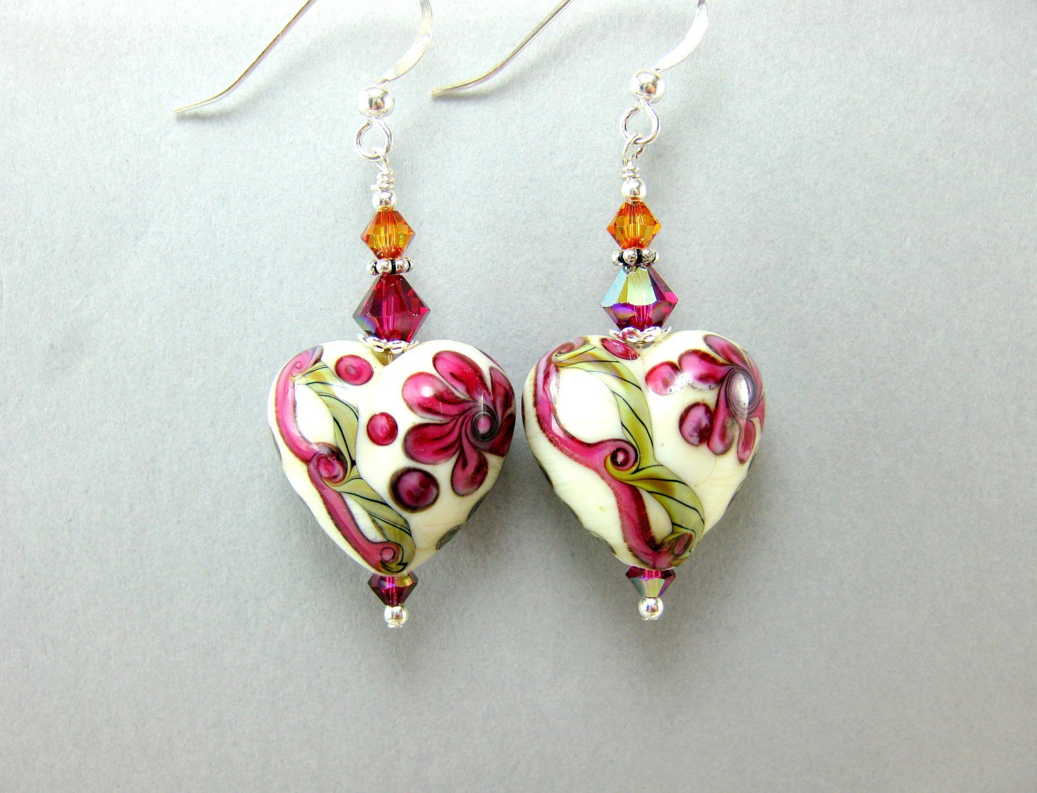 Heart Earrings, Valentine's Day Earrings, Ivory Ruby Red Earrings, Floral Lampwork Earrings, Pink White Dangle Earrings - One True Love