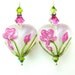 Pink White Heart Earrings, Beadwork Earrings, Floral Lampwork Earrings, Pink Flower Earrings, Dangle Earrings - Hearts as White as Snow