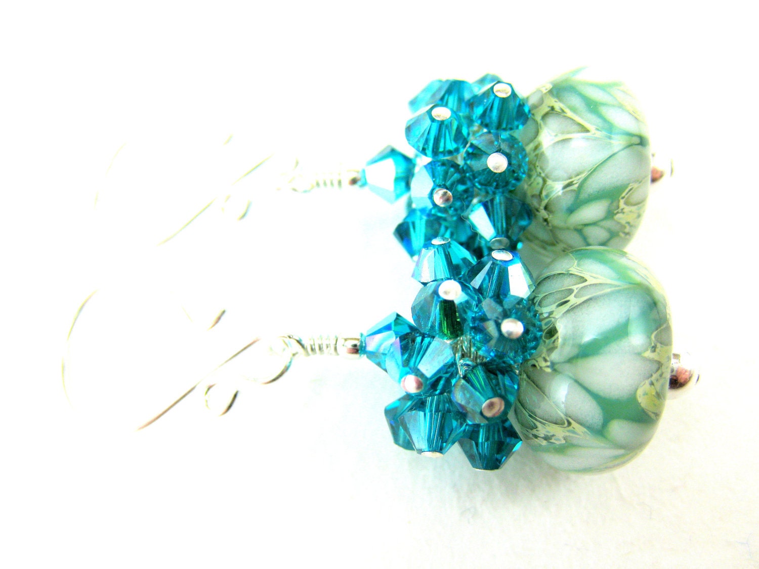 Teal Crystal Cluster Earrings, Teal White Glass Earrings, Boro Lampwork Earrings, Blue Beadwork Earrings, Peacock Blue Earrings - Fresh Air