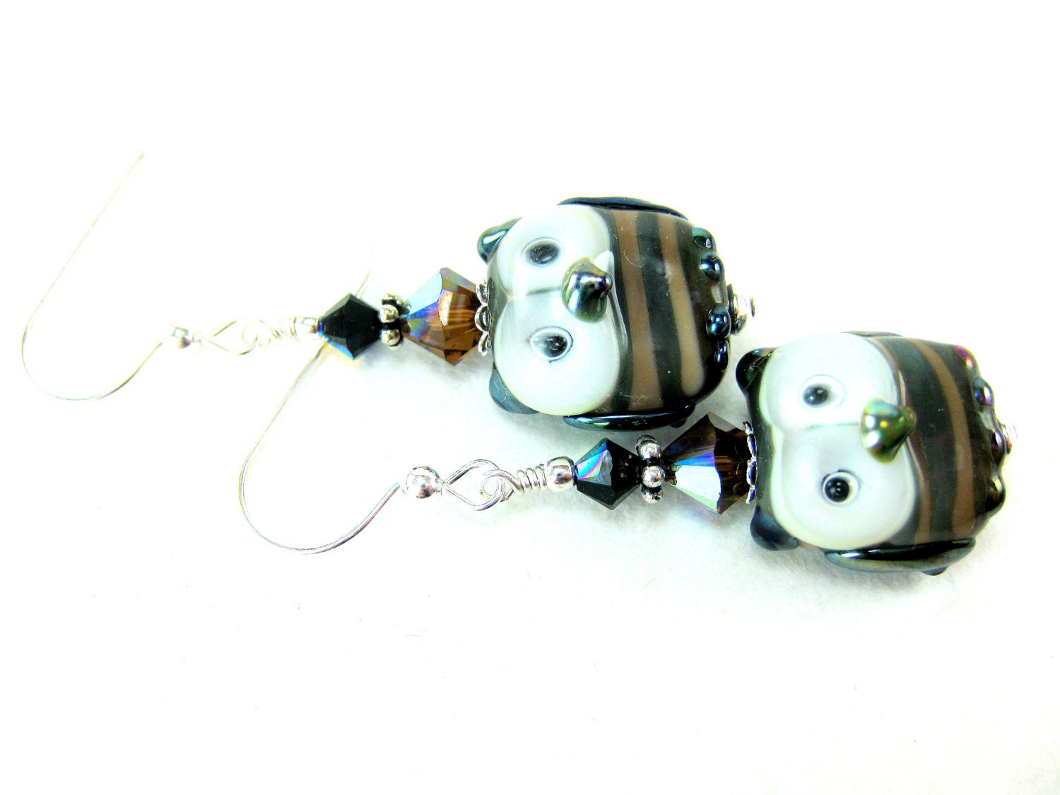 Owl Earrings, Brown Beige Owl Lampwork Bead Earrings, Owl Glass Bead Earrings, Bird Earrings - Bob & Joe