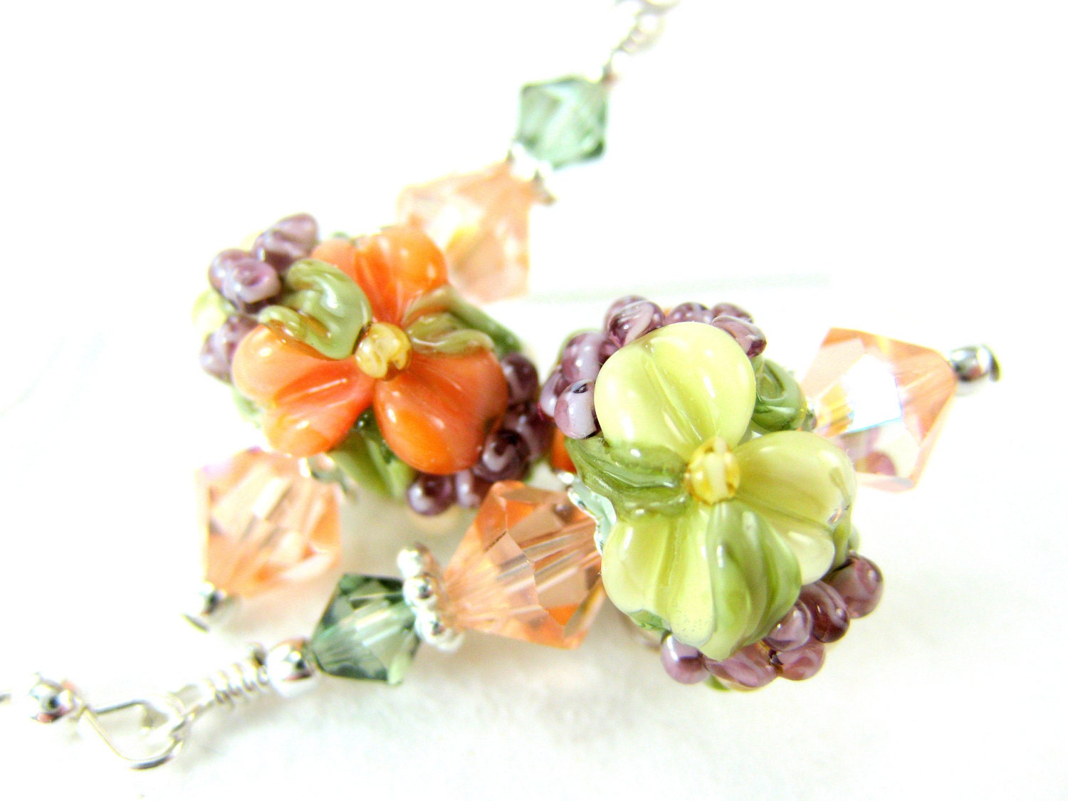 Peach Floral Lampwork Earrings, Yellow Peach Coral Glass Bead Earrings, Spring Earrings, Pastel Earrings - Spring Morning