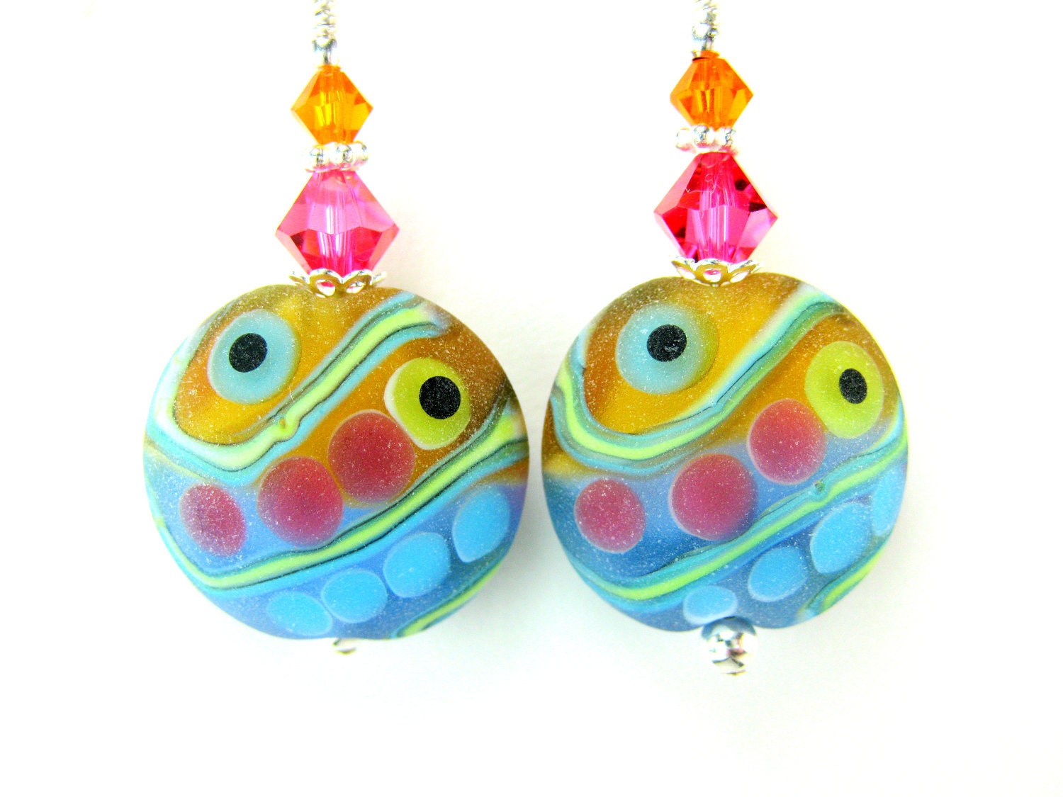 Colorful Glass Bead Earrings, Aqua Blue Pink Orange Lampwork Earrings, Colorful Earrings, Neon Earrings - Beach Party