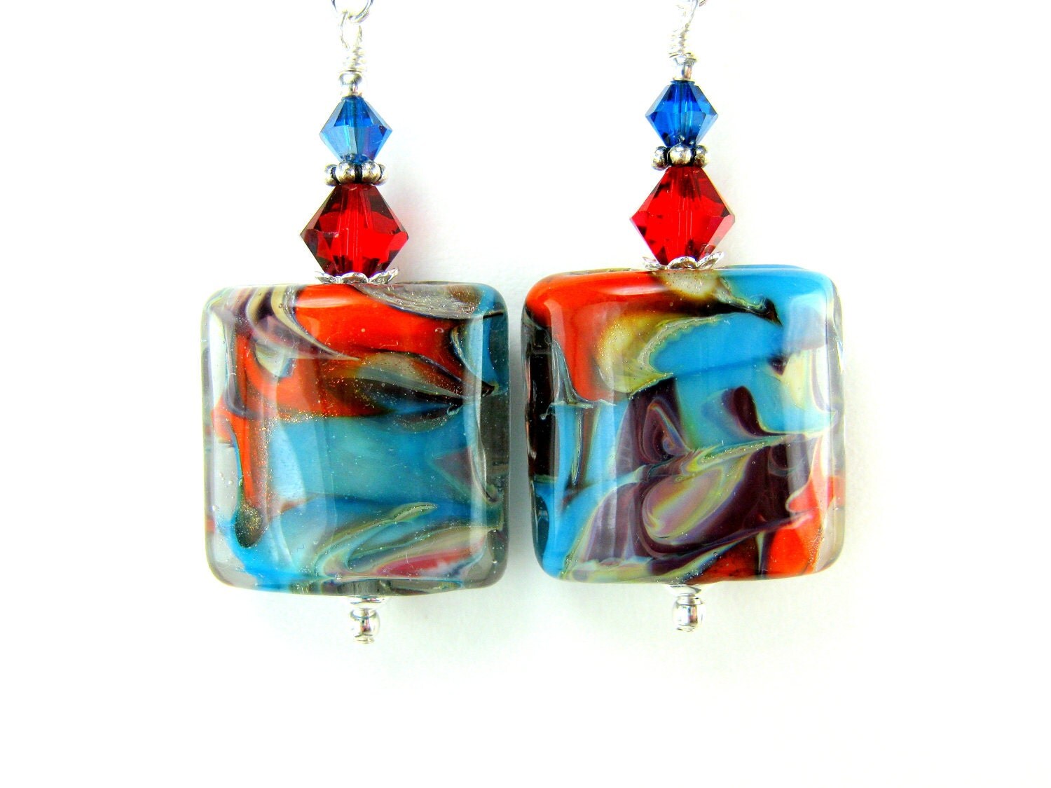 Turquoise Red Glass Bead Earrings, Turquoise Blue Red Lampwork Earrings, Abstract Earrings, Blue and Red Earrings - Santa Fe