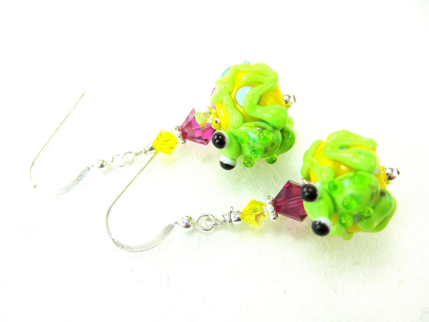 Frog Earrings, Lime Green Frog Lampwork Earrings, Green Yellow Pink Glass Earrings, Neon Earrings, Animal Earrings - Leap Frog