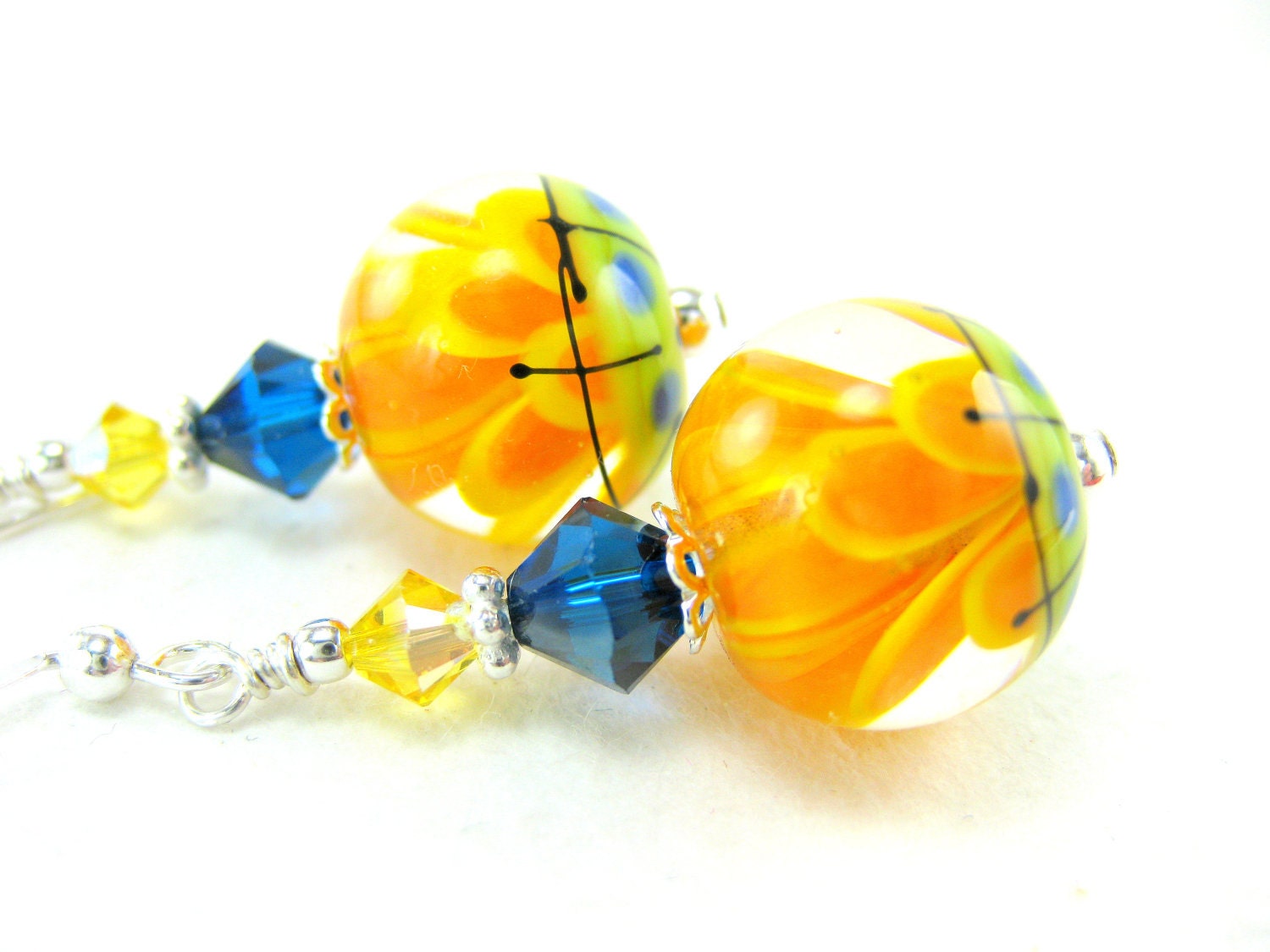 Yellow Lampwork Earrings, Orange Yellow Flower Earrings, Orange Yellow Blue Encased Flower Earrings, Summer Earrings - Gerbera Daisies