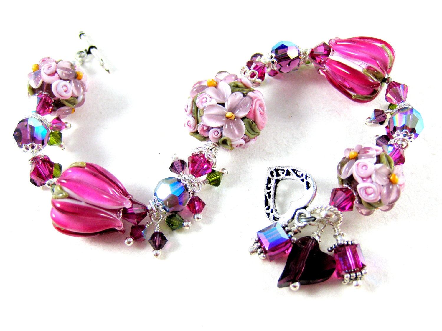 Purple Lampwork Bracelet, Purple Pink Floral Bracelet, Flower Bracelet, Glass Bead Bracelet, Fuchsia and Purple Bracelet - Ambrosia