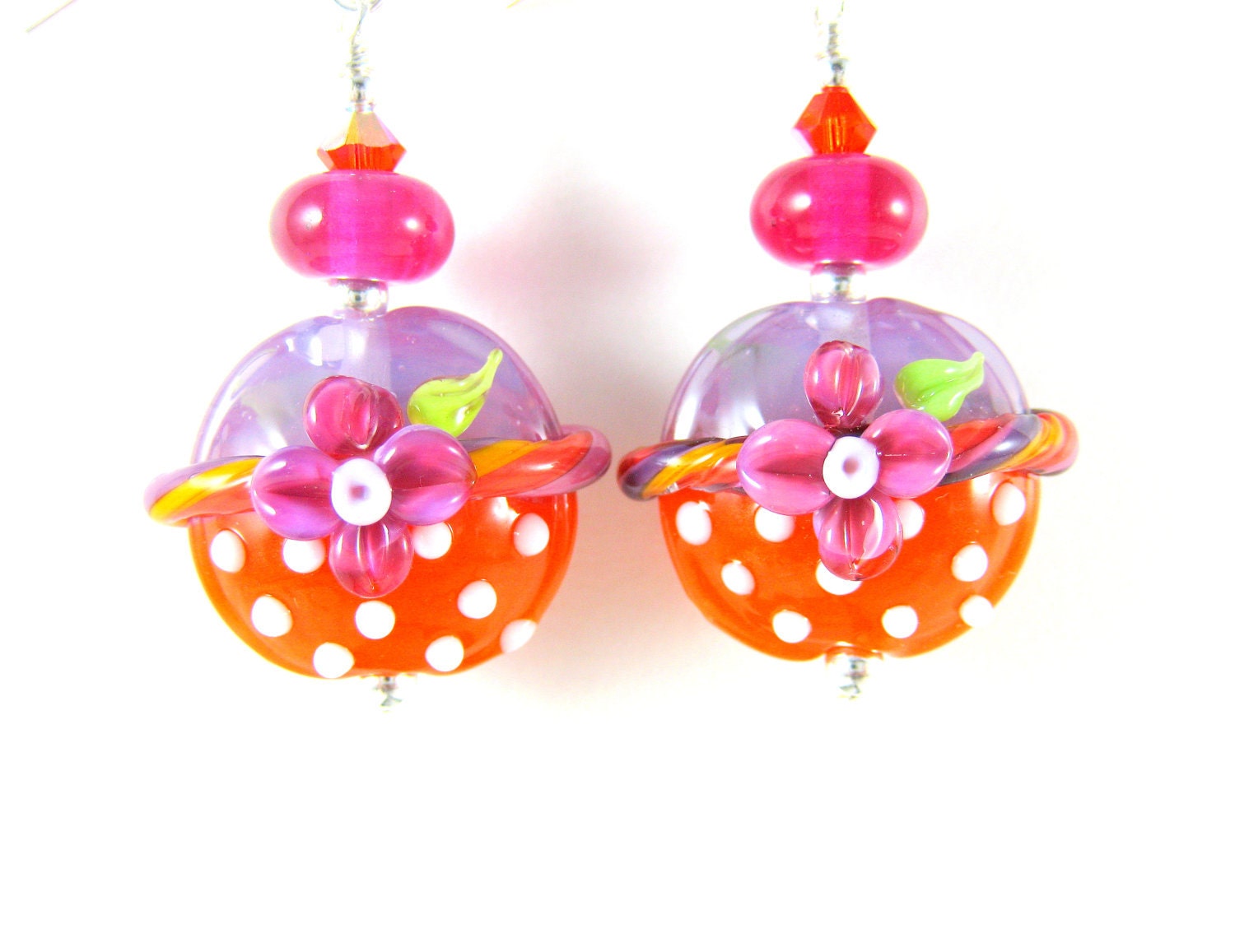 Hot Pink Orange Earrings, Colorful Glass Earrings, Lampwork Earrings, Polka Dot Earrings, Summer Earrings - Polka Dot Bikini