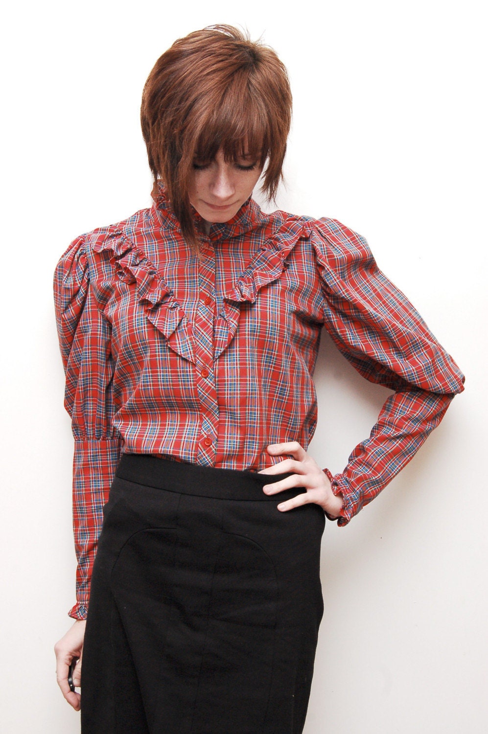 Red Plaid Ruffled Button Up Blouse - M