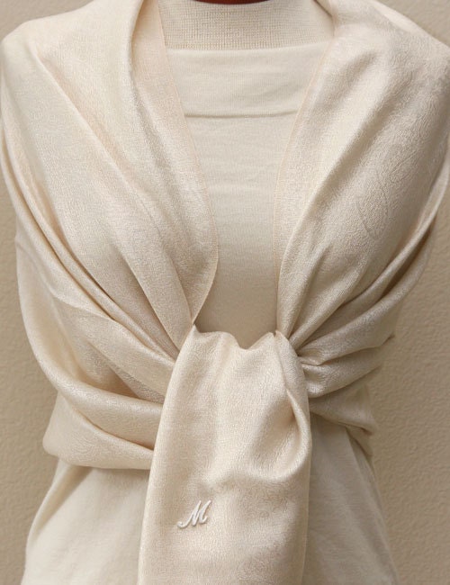 Clearance slightly defect  monogrammed ivory light beige paisley pashmina shawl scarf wrap