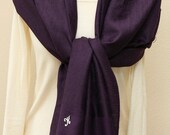 Soft eggplant dark purple paisley pashmina shawl, scarf, wrap, bridal bridesmaids gifts with monogram