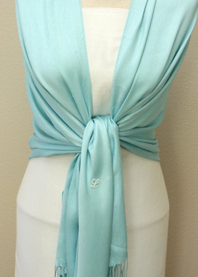 Soft tiffany blue pashmina bridal bridesmaid shawl, scarf, wrap with monogram