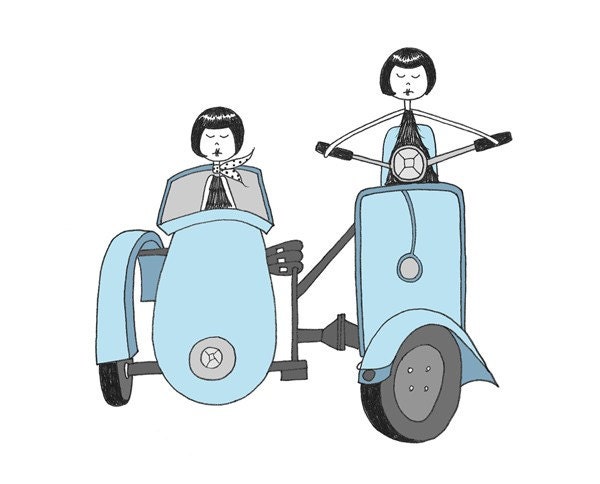 Flappers on a blue Vespa // 8x10 art print scooter illustration