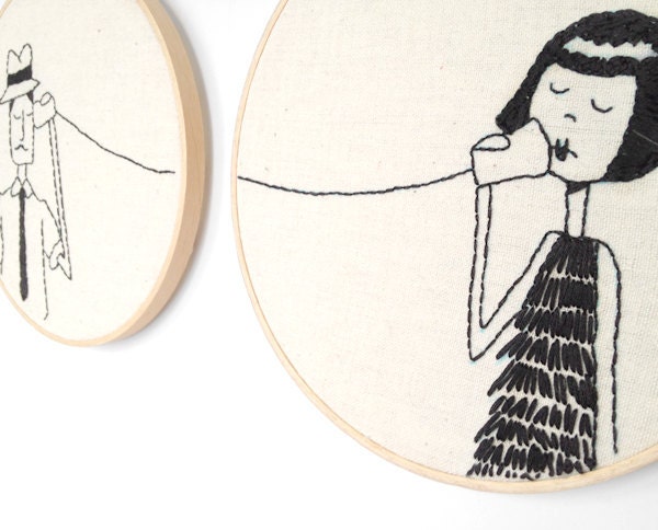 Ernest and Eloise play telephone // Printable PDF Valentine Embroidery Pattern