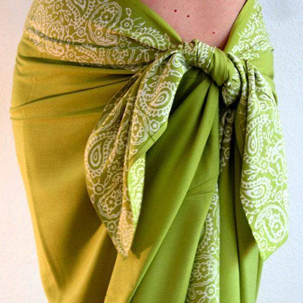 Lemon Lime Sarong Women's Beach Wrap Skirt or Dress - Batik Pareo Green with White Paisley Border - Hawaiian Island Style Sarong Clothing