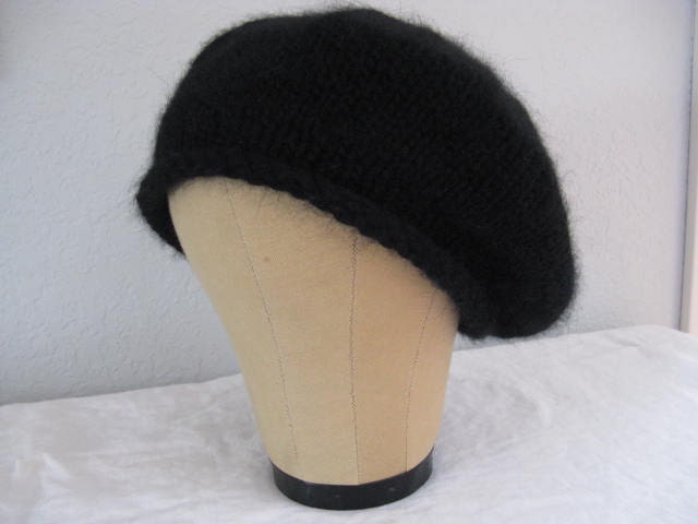 Black Beret for Men or Women. Hand Knit Hat in Angora, Merino Wool, and Cashmere.