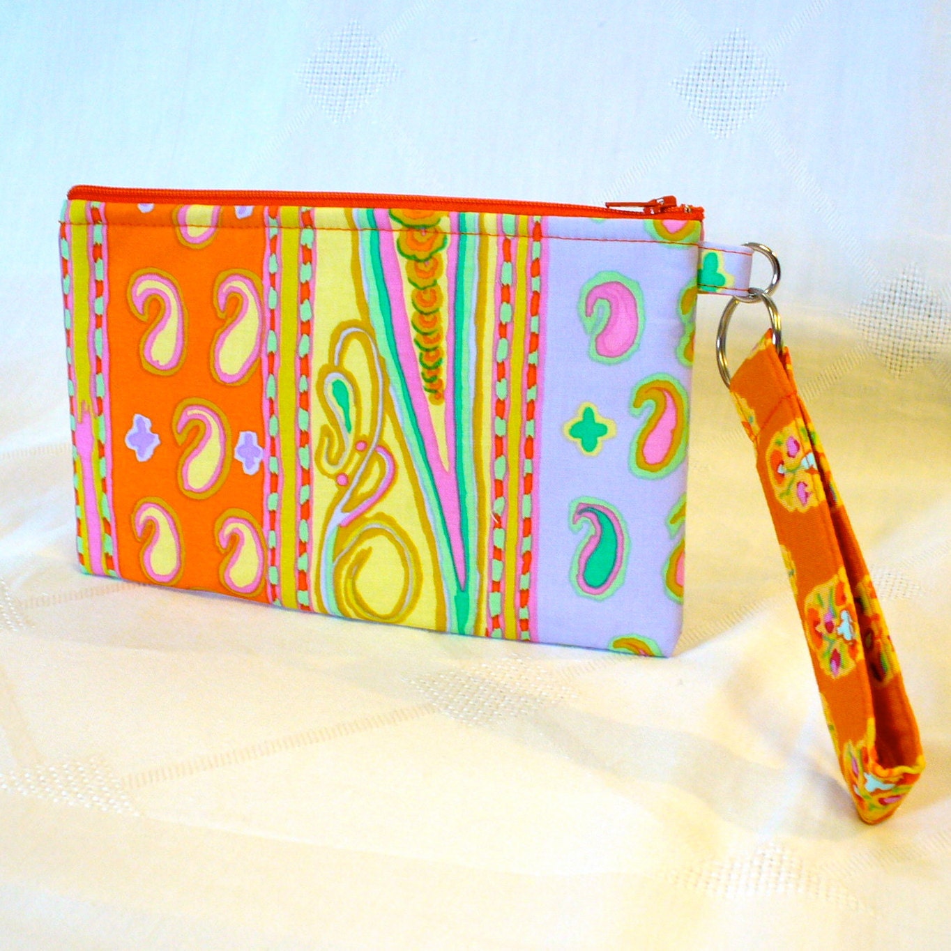 Wristlet Clutch Purse Kaffe Fassett Fabric Zipper Pouch Cosmetic Bag Makeup Bag Key Fob Jungle Stripe Tangerine Tango Orange