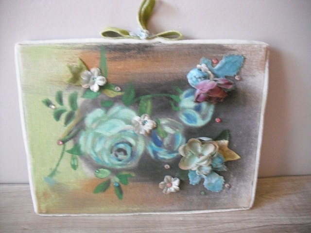 RESERVED for Shellyting....................vintage ROSES Painting with millinery flowers and jewels .... Shabby Chic Romantic