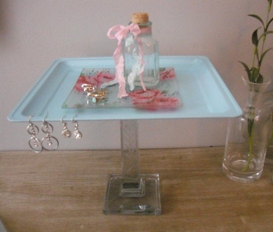 upcycled shabby chic cottage Vanity tray ... dessert server .... wedding tray ... tiffany blue with roses Etched pedestal