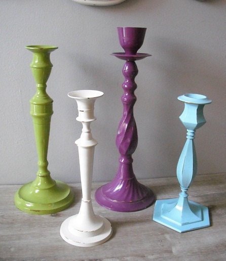 upcycled Refreshing Grouping of candle holders ..... Purple Green Aqua Ivory .... Cottage Chic