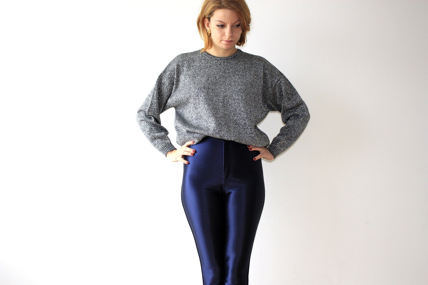 SALE Vintage 1980's Disco Diva Silver and Black GLITTER Galore SWEATER (Size Medium)
