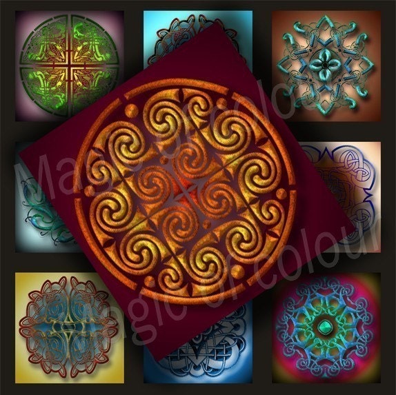 Digital Collage of  Colourful Ancient Celtic  Illustration - 63  1x1 Inch Square  JPG images - Digital  Collage Sheet