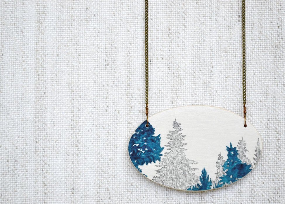 Treeline Vignette Necklace - hand painted blue and white wooden pendant on brass chain