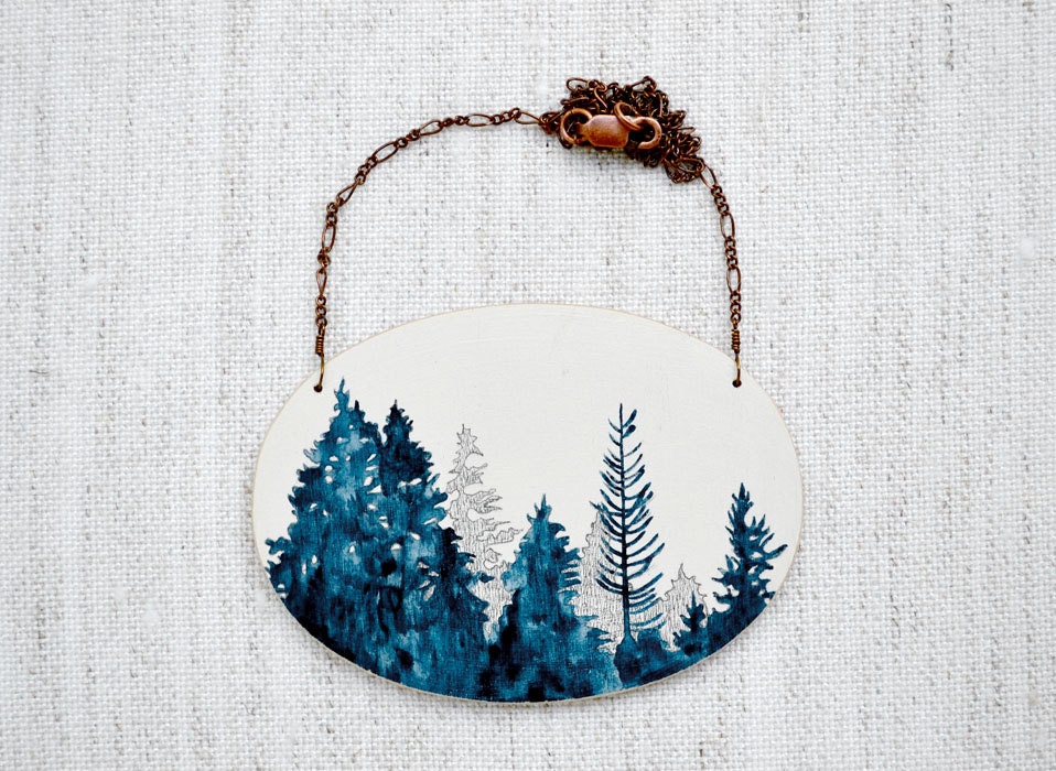 Tree Line Vignette Necklace - large hand painted blue and white wooden pendant on copper chain
