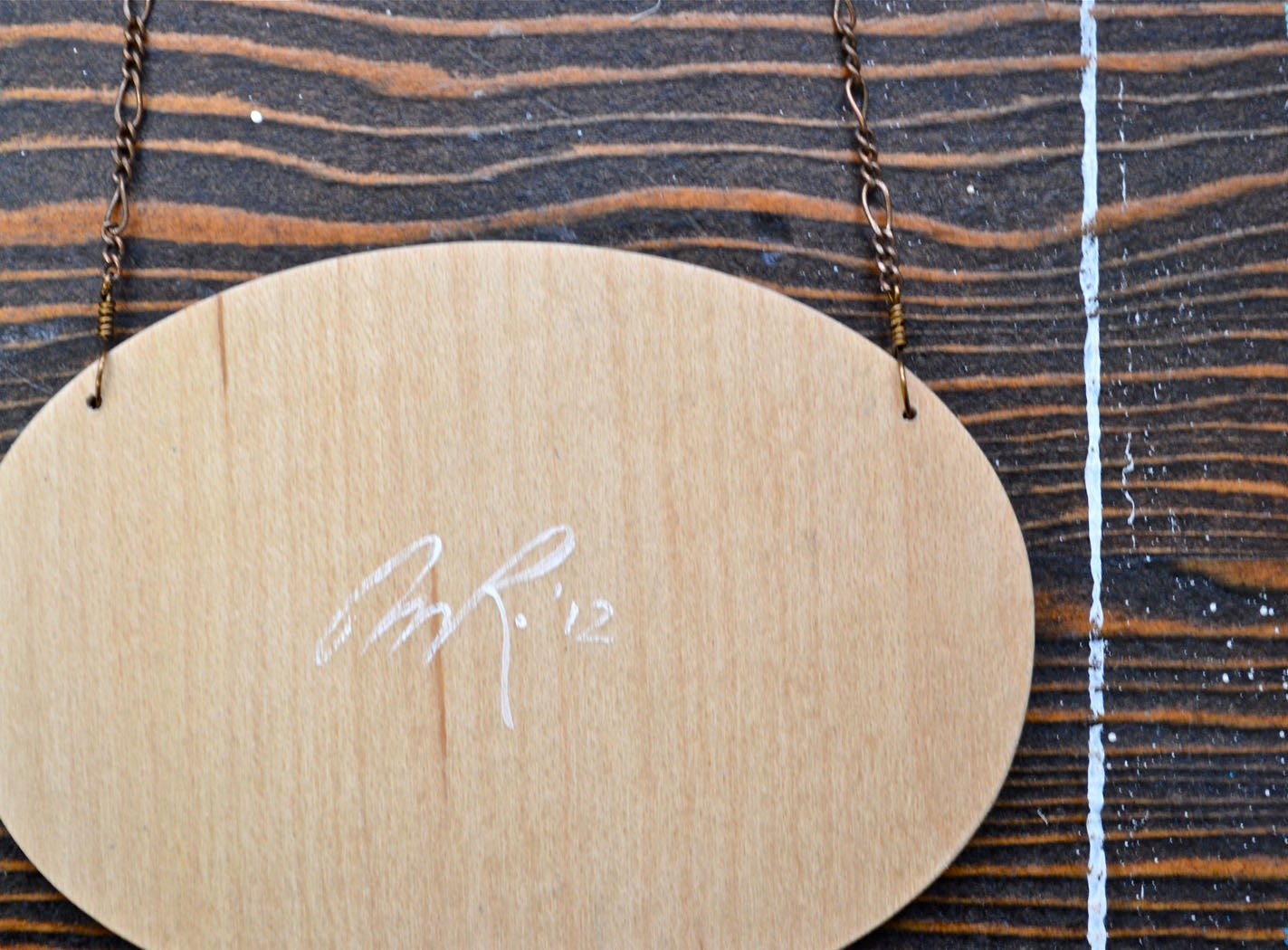 Tree Line Vignette Necklace - large hand painted blue and white wooden pendant on copper chain
