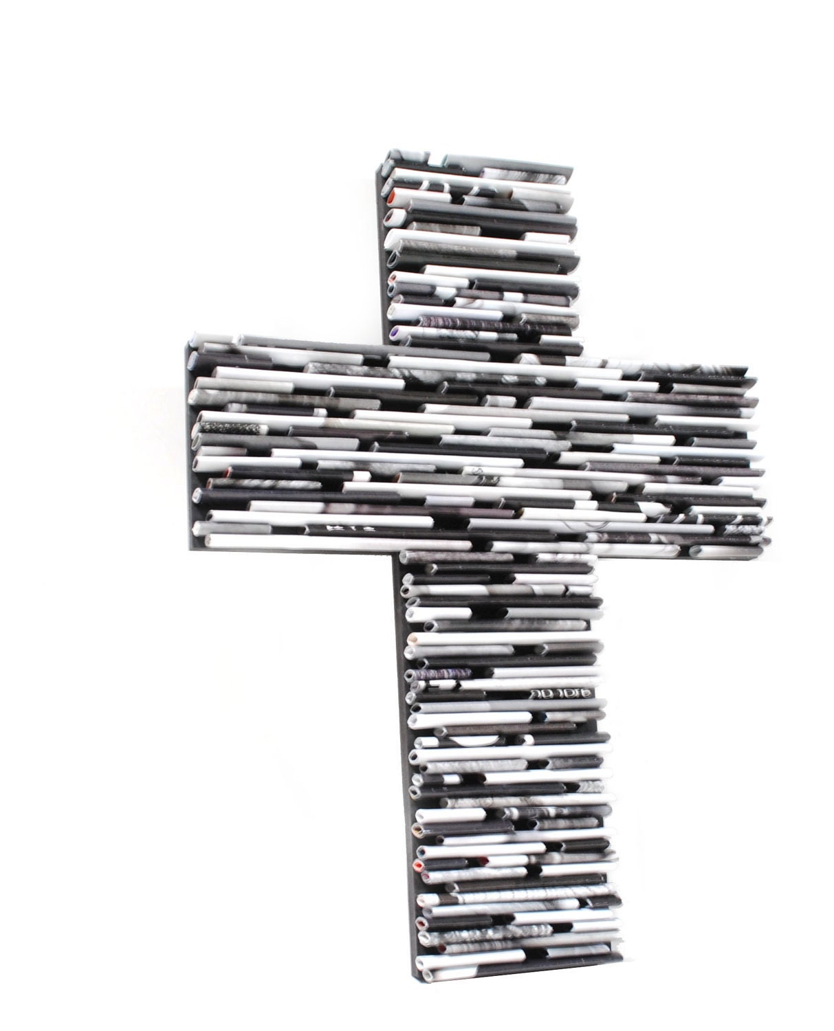 black and white cross-  made from recycled magazines, black, white, grey