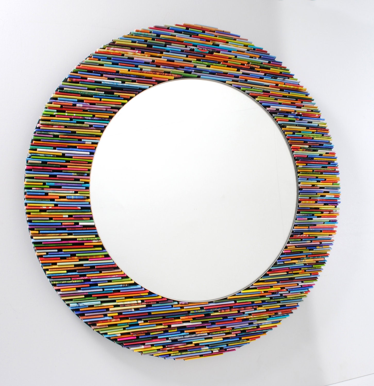 colorful 18 inch diameter bright round mirror, wall art- made from recycled magazines, blue, green, red, purple, pink, yellow, orange