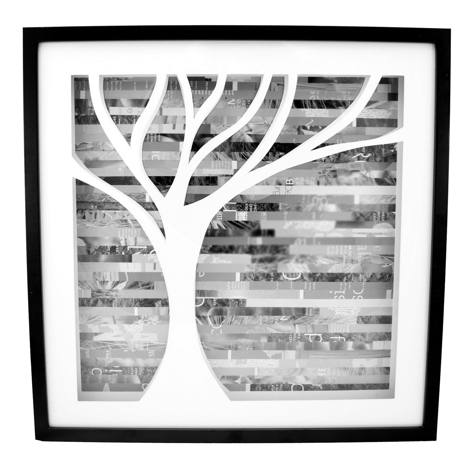 tree shadowbox, on the left- made from recycled magazines, nature, wall art, unique