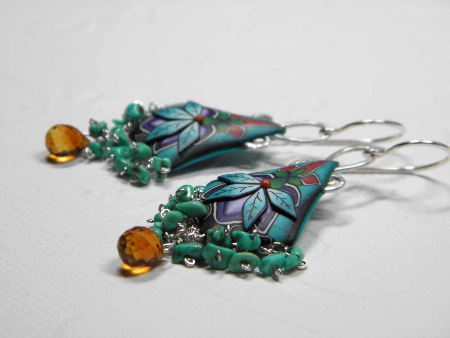 Bohemian Gypsy Fringe Dangle Earrings- Millefiori Polymer Clay and Gemstone Beads