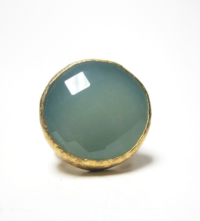 Round Blue Chalcedony Ring Gold Vermeil