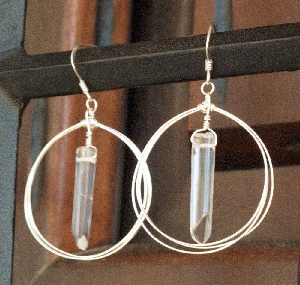 Large Handmade Silver Hoop Earrings with Rock Crystal Gemstone Icicles (clear crystal quartz points)