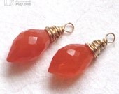 Nectarine Orange Carnelian Puffed Marquis Matched Set of 2 Wirewrapped Stone Charm Drops for Earrings (1 PAIR) Gold or Silver