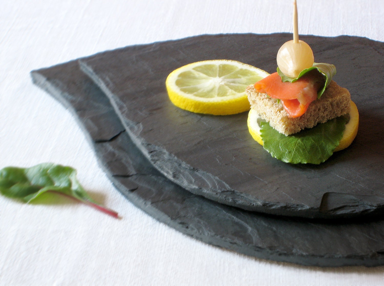 Set of 2 LEAF SALVAGED Black Slate Placemats/Trays with Eco-Backing - Mother's Day, Wedding & Housewaming Gift
