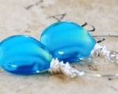 Earrings - Aqua Blue and Yellow Glass Teardrop Wire Wrapped in Oxidized Sterling Silver