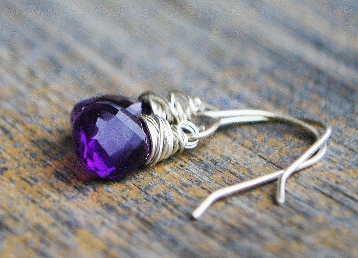Petite Amethyst Earrings - AAA Grade Amethyst Heart Briolette on Sterling Silver