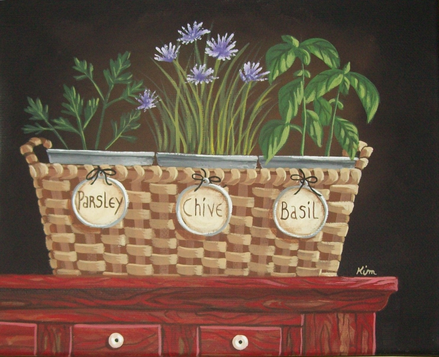 Kitchen Garden Herbs Basket Still Life Folk Art Print